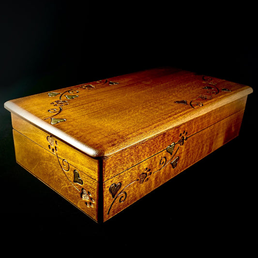 Paw Print and Heart Vine Patterned Jewelry Box, Handmade Hinged Wooden Treasure Box