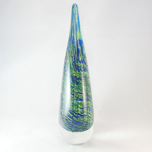 Peacock Feather Layered Glass Droplet Sculpture - Blue and Green Abstract Home Décor