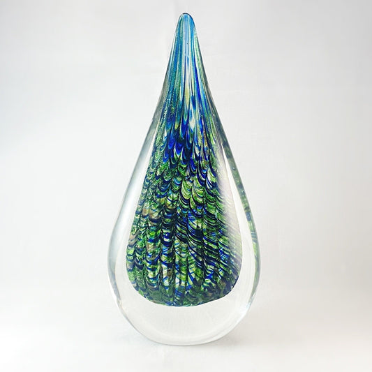 Peacock Feather Layered Glass Droplet Sculpture - Blue and Green Abstract Home Décor