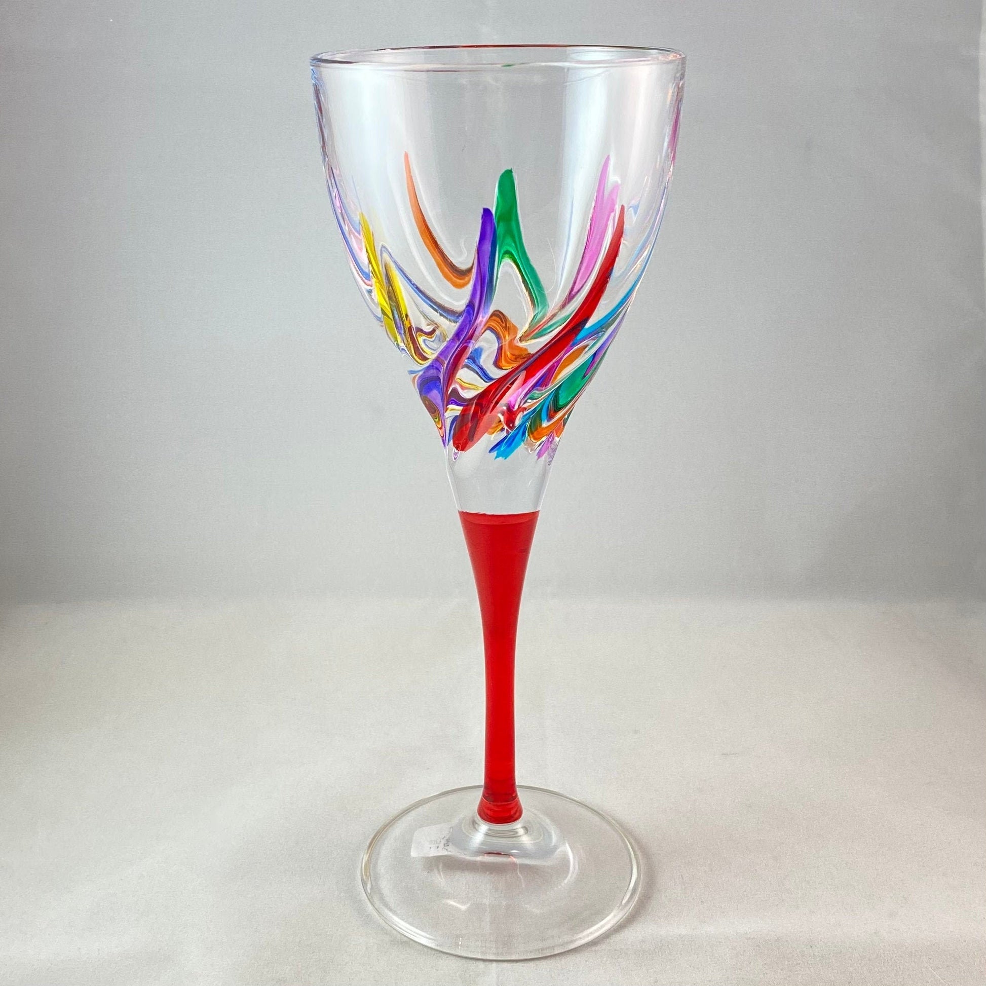 Red Stem Venetian Glass Trix White Wine Glass - Handmade in Italy, Colorful Murano Glass
