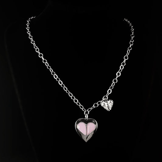 Pink and Clear Crystal Heart Pendant Long Adjustable Silver