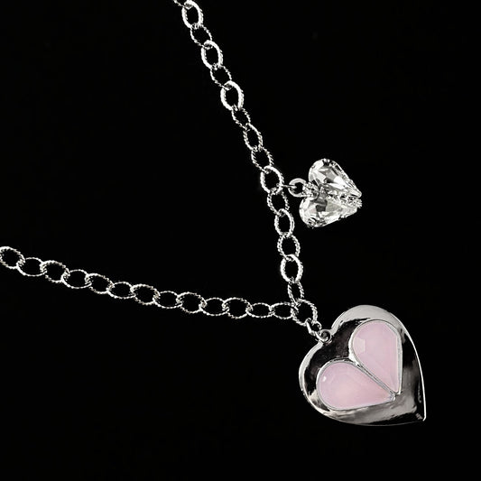 Pink and Clear Crystal Heart Pendant Long Adjustable Silver