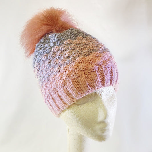 Pink and Gray Winter Beanie With Pompom - Made From Italian Wool, Acrylic Yarn, and Faux Fur