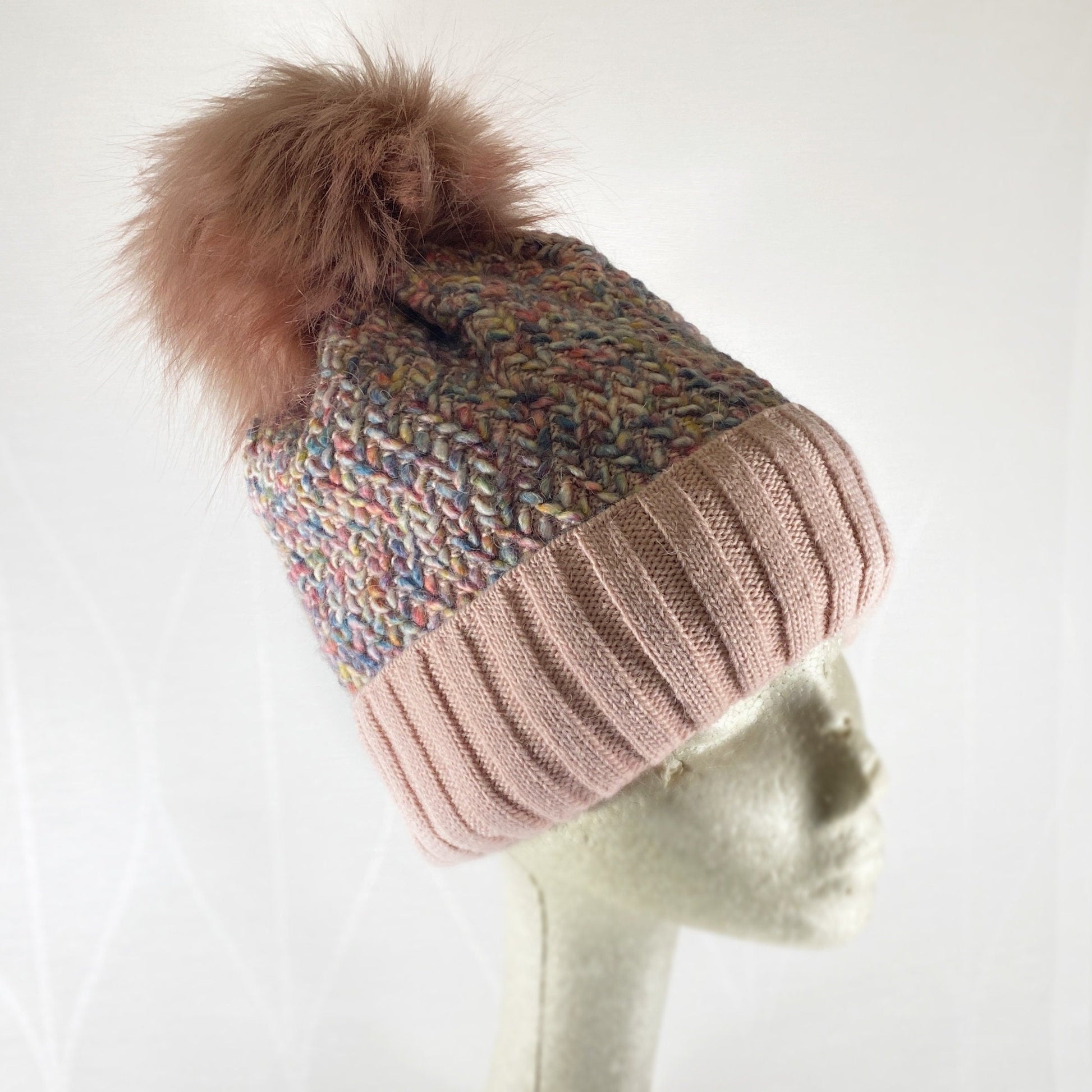 Pink Confetti Winter Beanie With Pompom - Made From Italian Wool, Acrylic Yarn, and Faux Fur