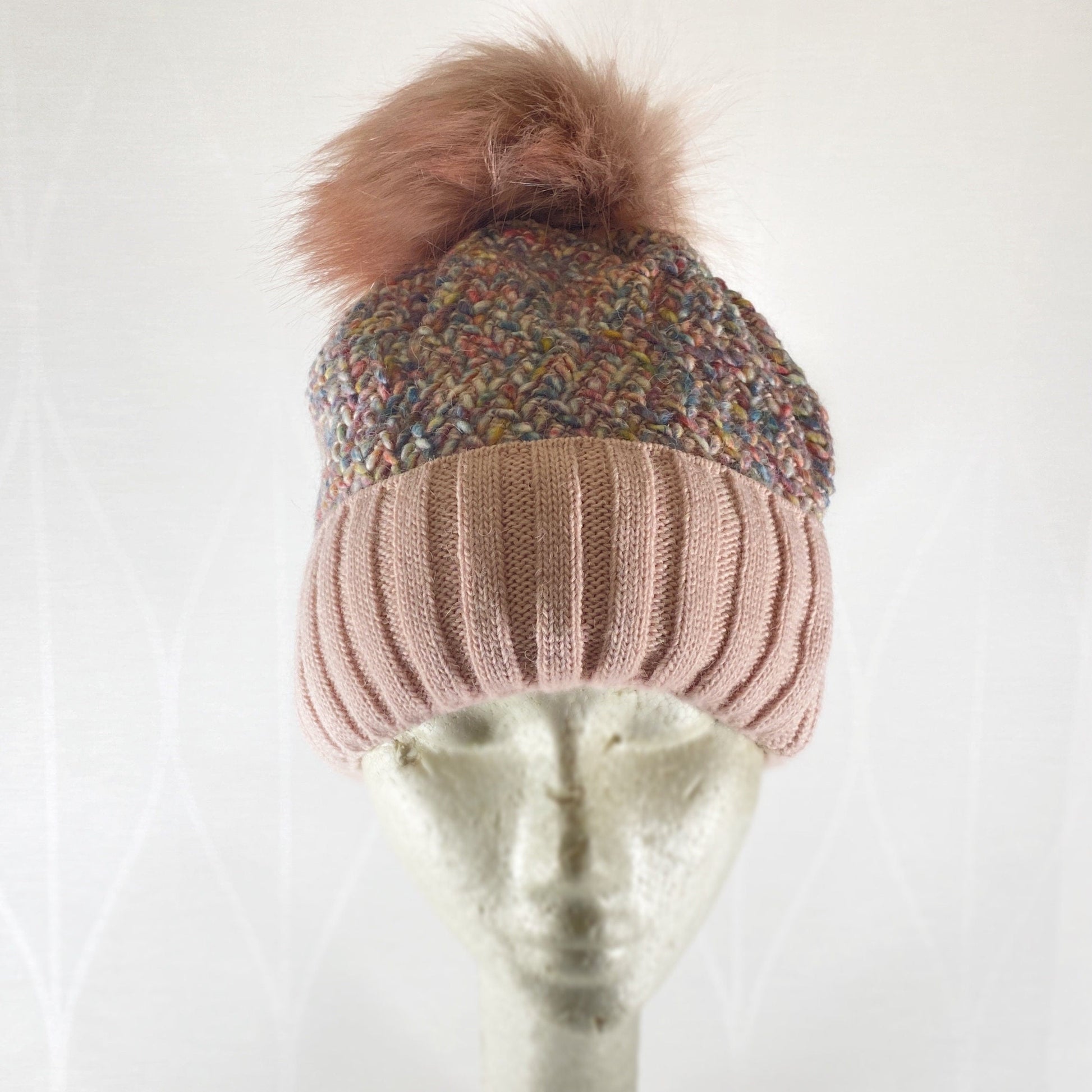 Pink Confetti Winter Beanie With Pompom - Made From Italian Wool, Acrylic Yarn, and Faux Fur