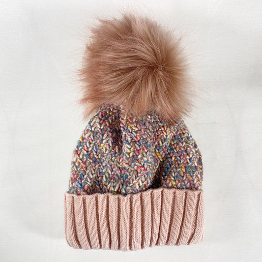 Pink Confetti Winter Beanie With Pompom - Made From Italian Wool, Acrylic Yarn, and Faux Fur