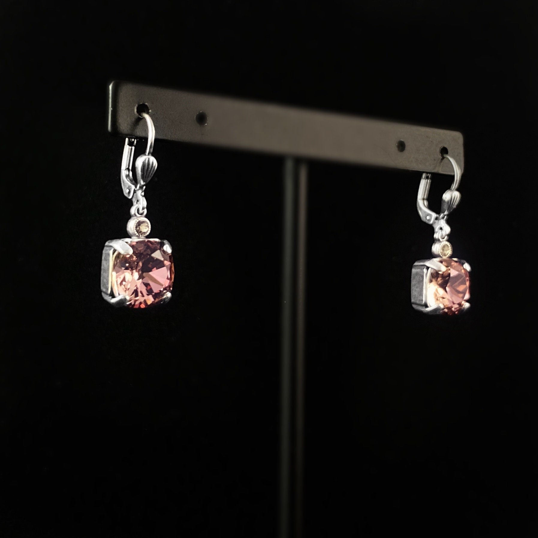 Pink Crystal Cushion Cut Swarovski Crystal Drop Earrings - La Vie Parisienne by Catherine Popesco