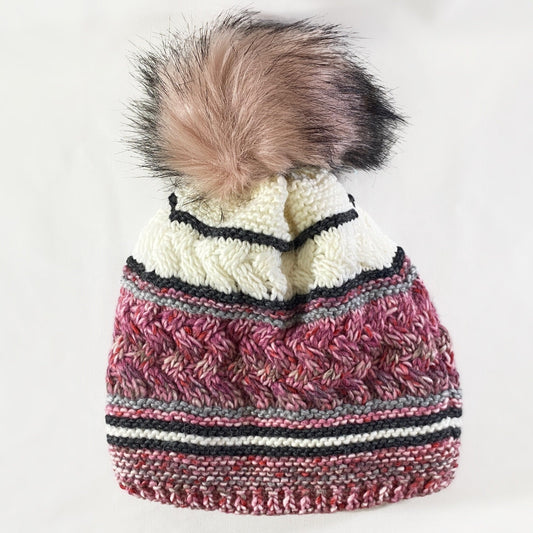 Pink Multicolor Winter Beanie With Pompom - Made From Italian Wool, Acrylic Yarn, and Faux Fur