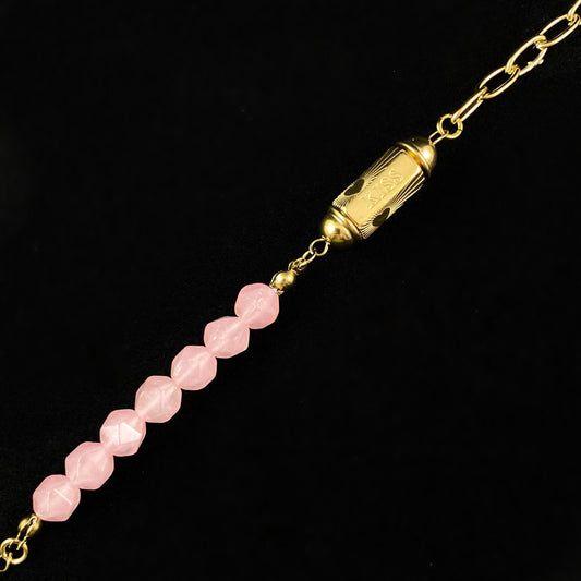 Pink Natural Stone Bracelet with Love/Kiss Calligraphy and Dainty Gold Heart Detailing