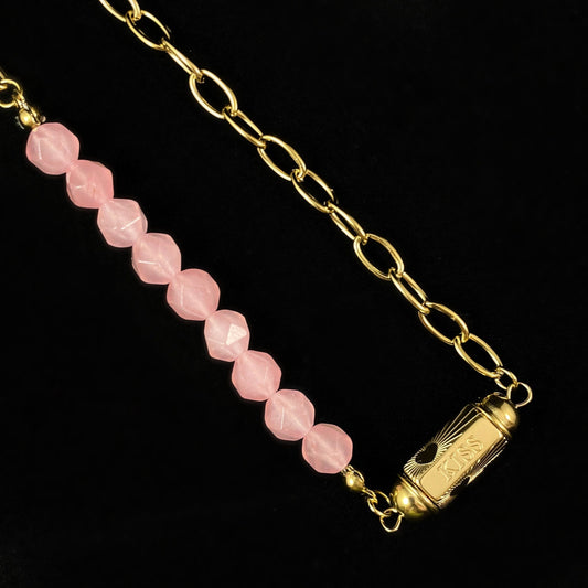 Pink Natural Stone Necklace with Love/Kiss Calligraphy and Dainty Gold Heart Detailing