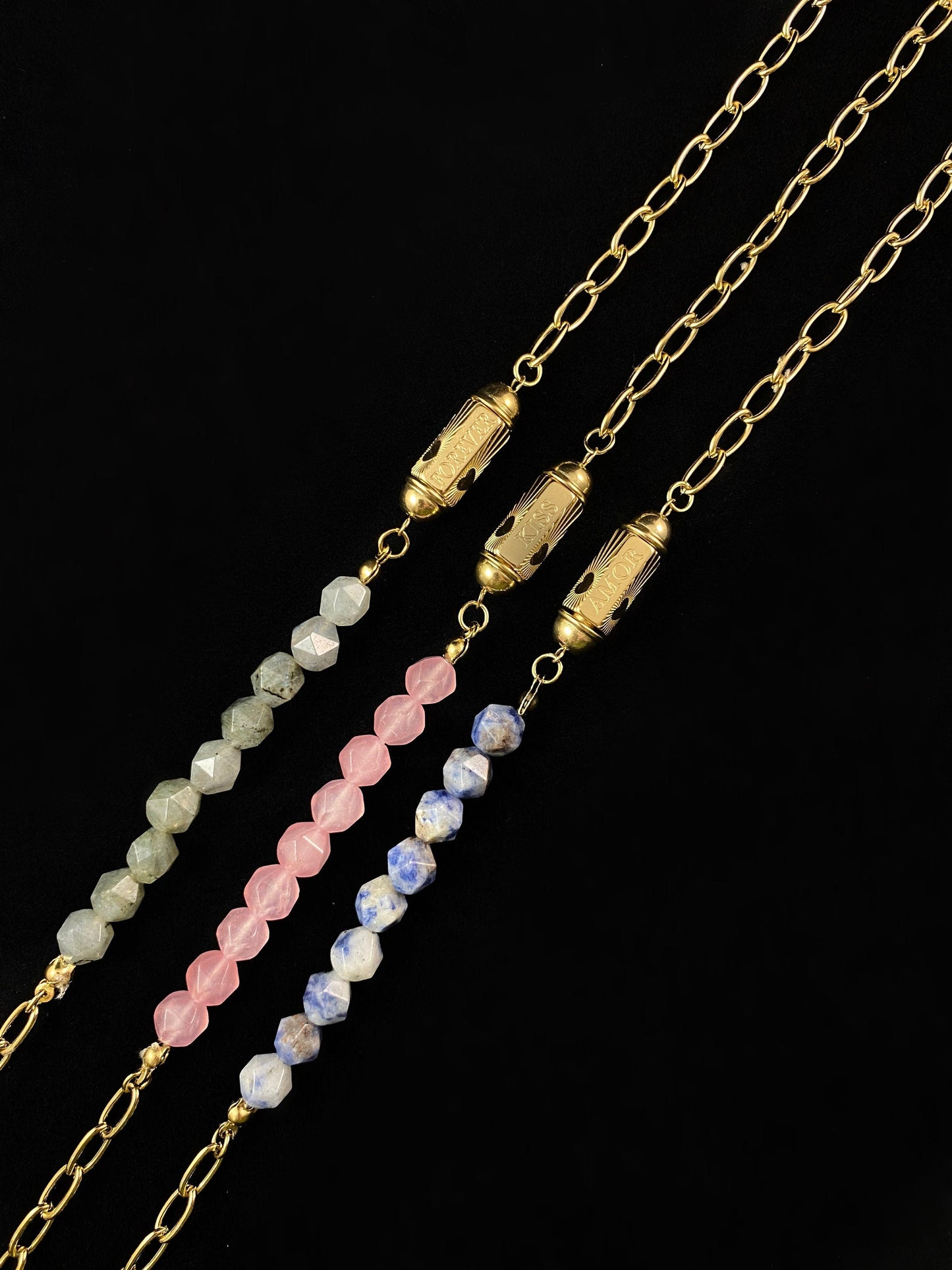 Pink Natural Stone Necklace with Love/Kiss Calligraphy and Dainty Gold Heart Detailing