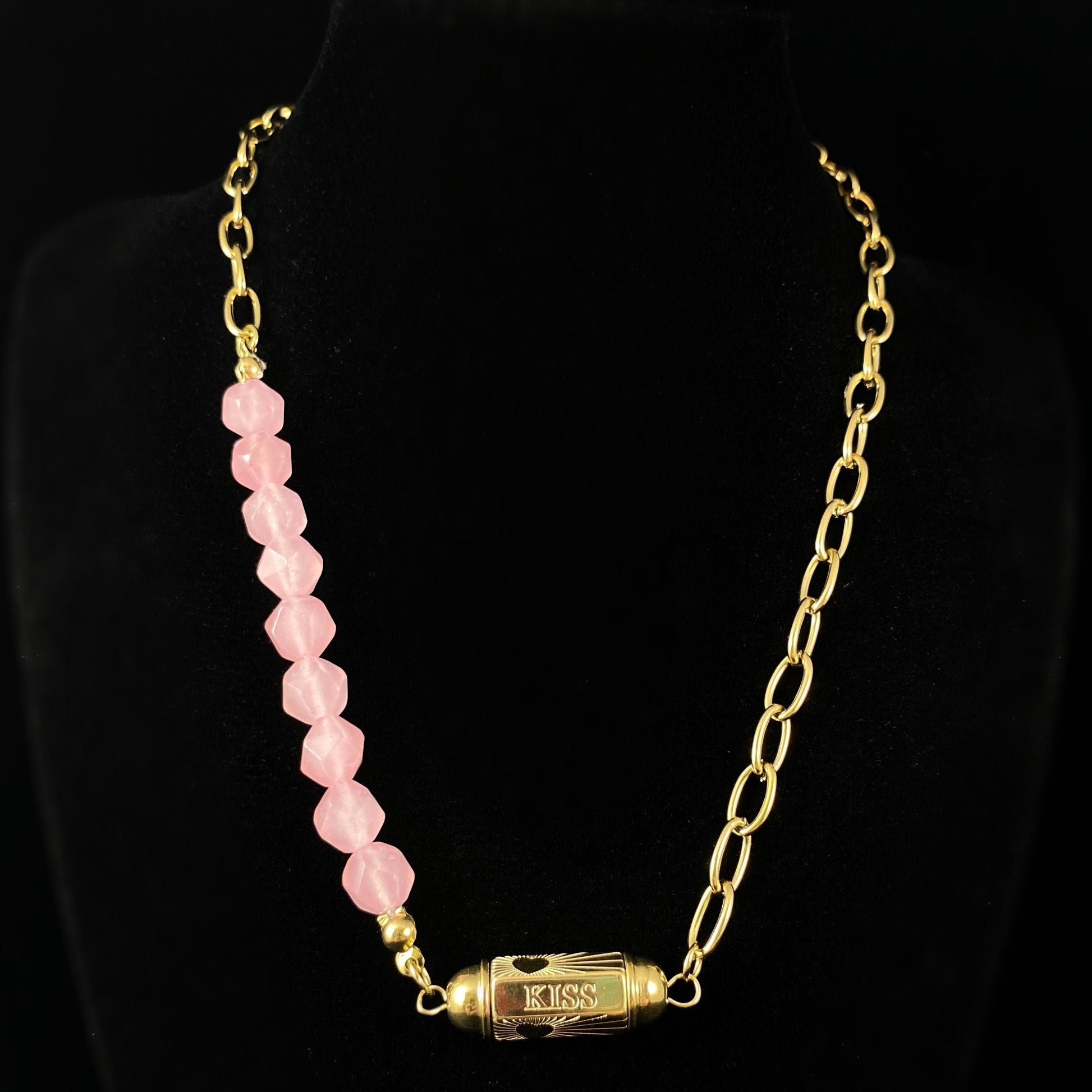 Pink Natural Stone Necklace with Love/Kiss Calligraphy and Dainty Gold Heart Detailing