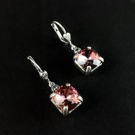 Pink Square Cut Swarovski Crystal Drop Earrings - La Vie Parisienne by Catherine Popesco