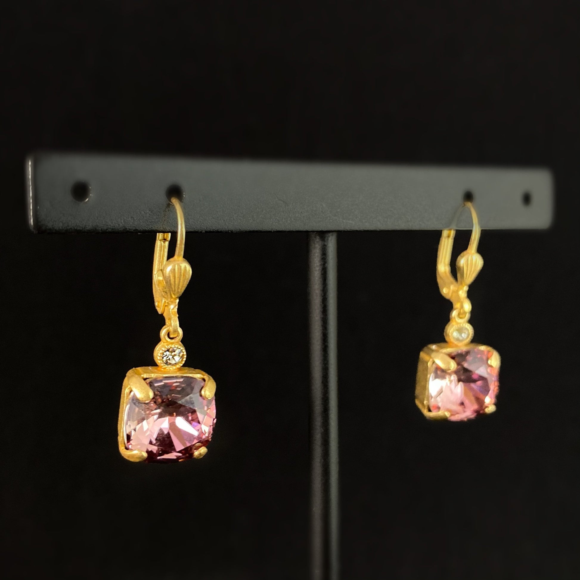 Pink Square Cut Swarovski Crystal Drop Earrings - La Vie Parisienne by Catherine Popesco