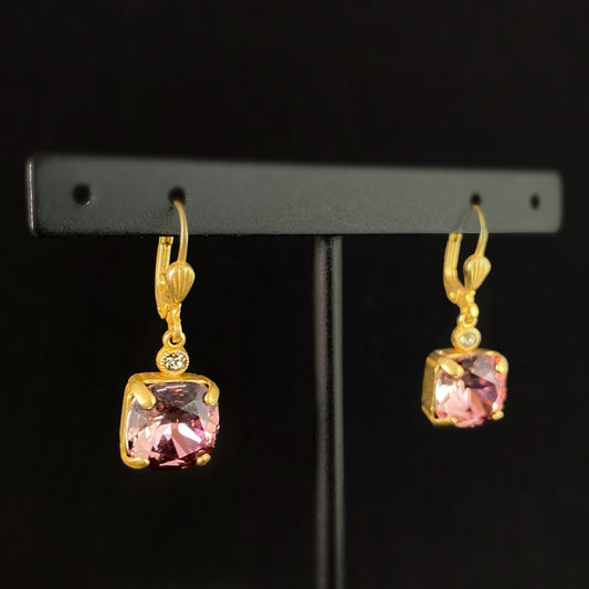 Pink Square Cut Swarovski Crystal Drop Earrings - La Vie Parisienne by Catherine Popesco