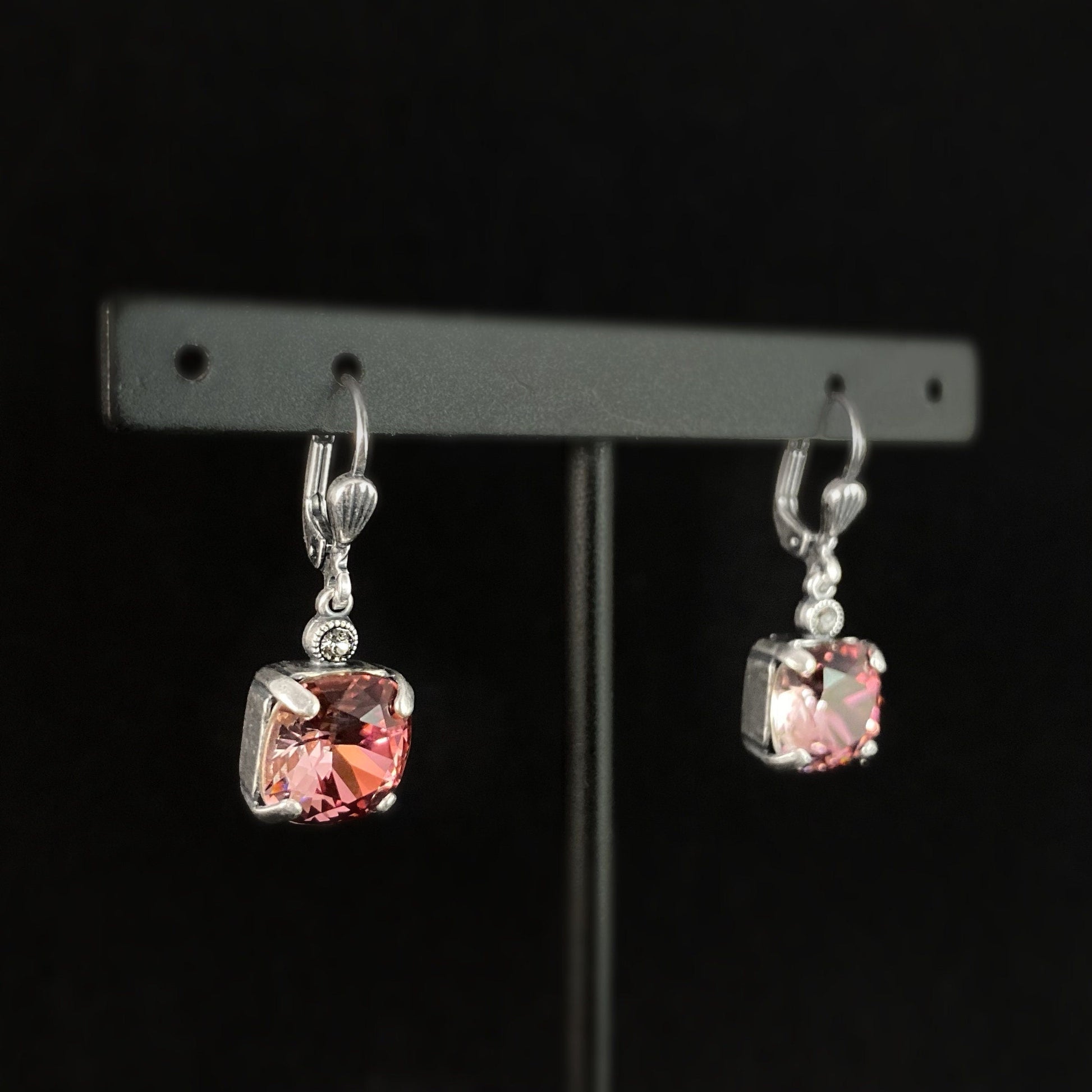 Pink Square Cut Swarovski Crystal Drop Earrings - La Vie Parisienne by Catherine Popesco