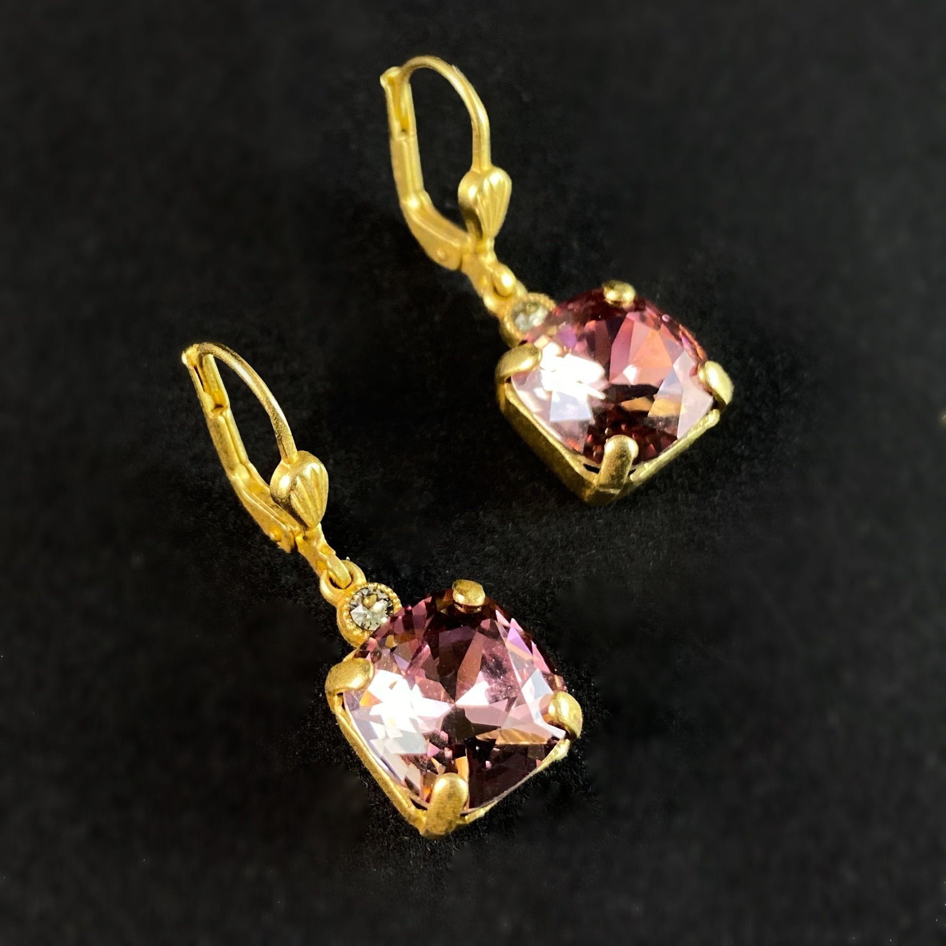 Pink Square Cut Swarovski Crystal Drop Earrings - La Vie Parisienne by Catherine Popesco