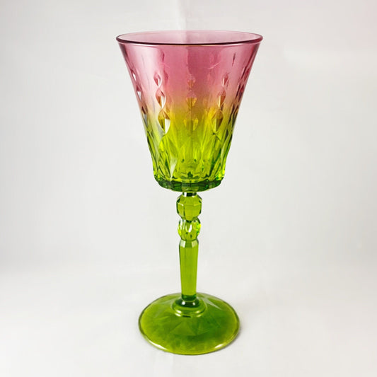 Pink/Green Ombre Gradient and Diamond Pattern Venetian Glass Wine Glass - Handmade in Italy, Colorful Murano Glass