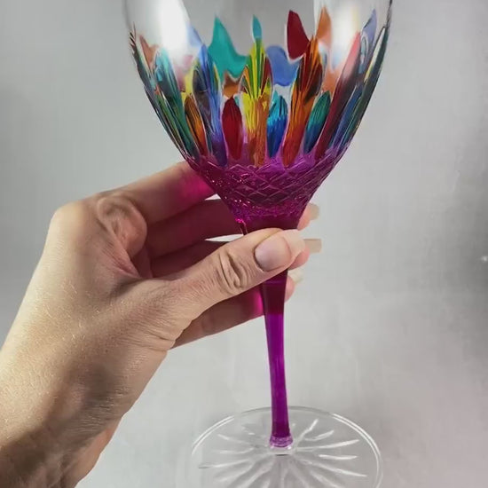 Pink Stem Venetian Glass Diamante Wine Glass - Handmade in Italy, Colorful Murano Glass