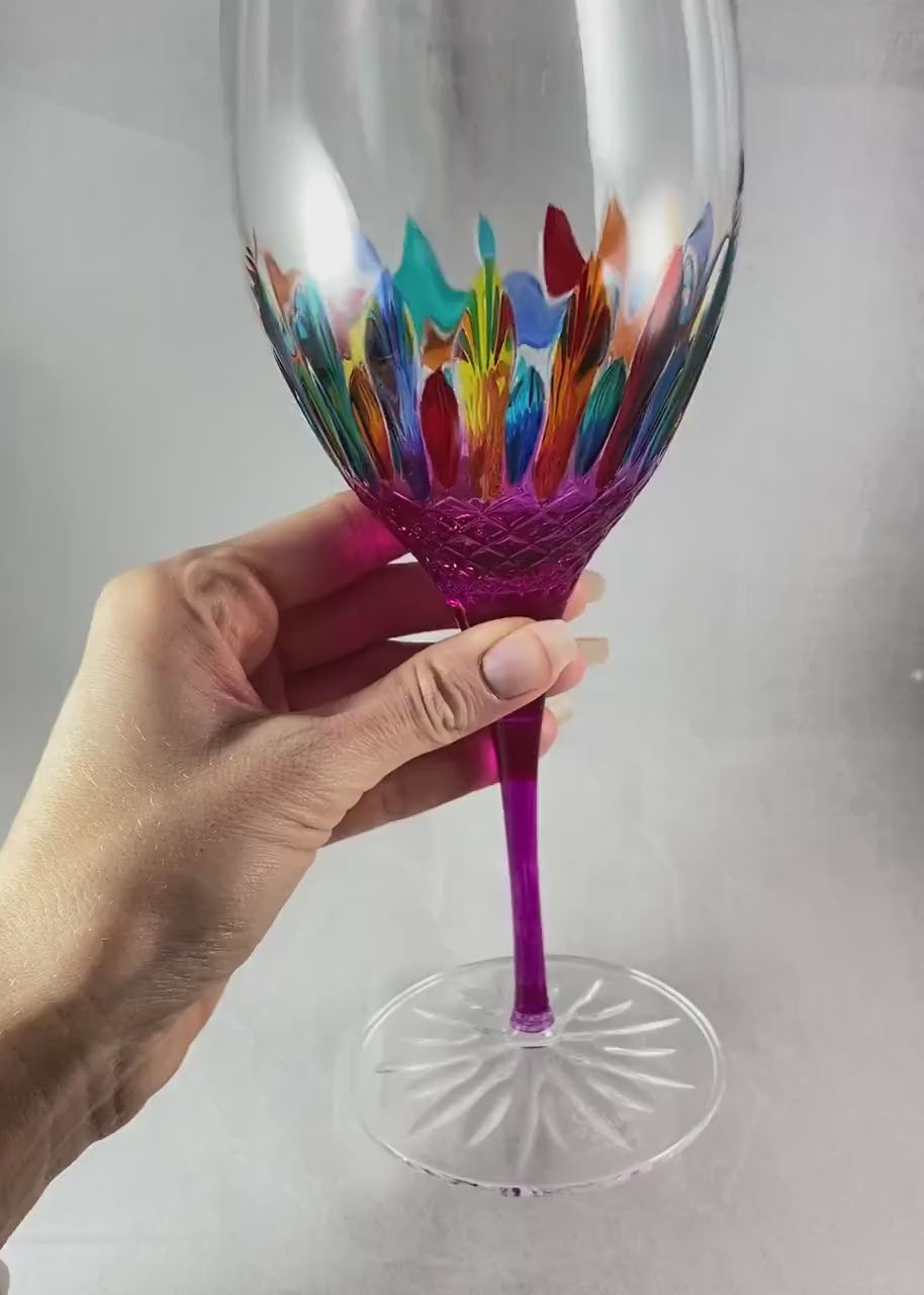Pink Stem Venetian Glass Diamante Wine Glass - Handmade in Italy, Colorful Murano Glass