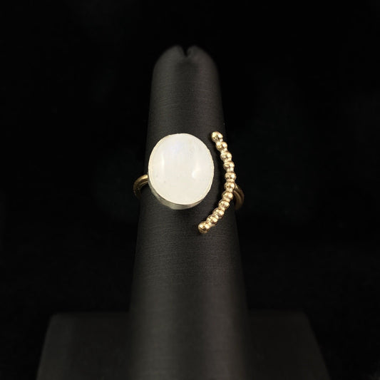 Rainbow Moonstone Ring with Gold Bead Accents - Half Moon