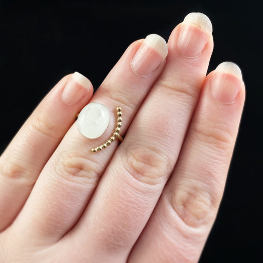 Rainbow Moonstone Ring with Gold Bead Accents - Half Moon