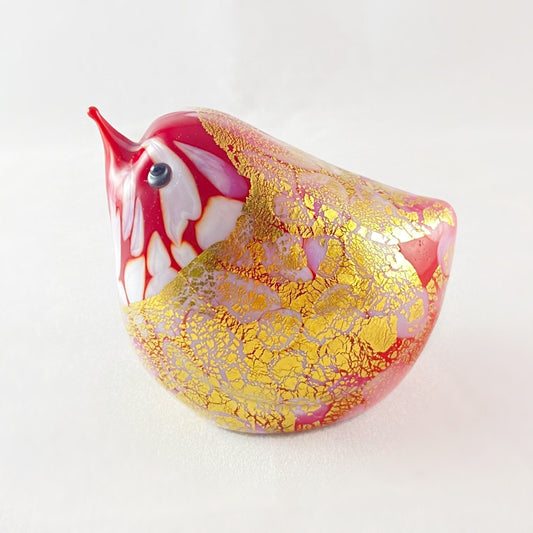 Red and Gold Venetian Glass Chubby Bird - Handmade in Italy, Colorful Murano Glass