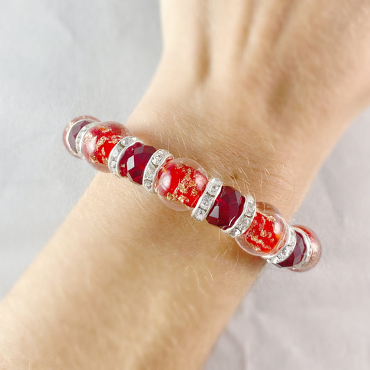 Red Beaded Venetian Glass Bracelet, Silver - Handmade in Italy, Colorful Murano Glass