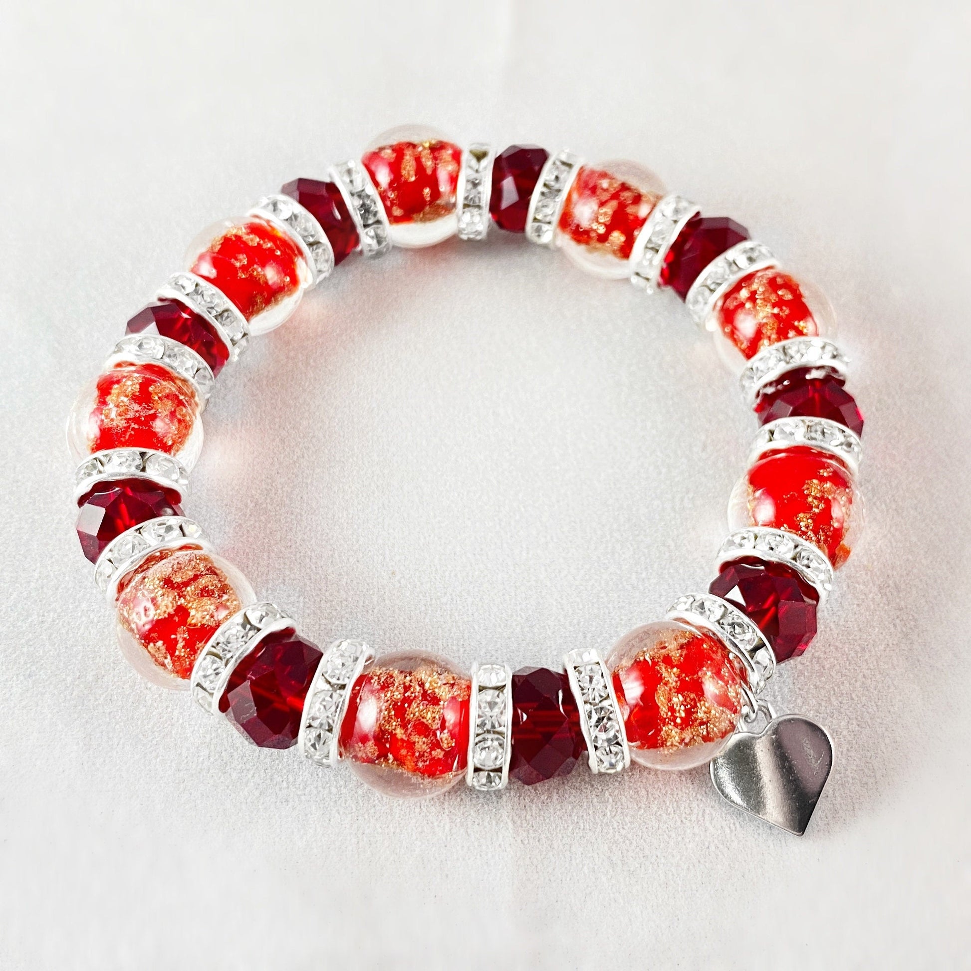 Red Beaded Venetian Glass Bracelet, Silver - Handmade in Italy, Colorful Murano Glass