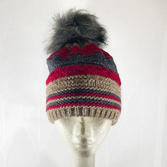 Red, Brown, and Gray Winter Beanie With Pompom - Made From Italian Wool, Acrylic Yarn, and Faux Fur