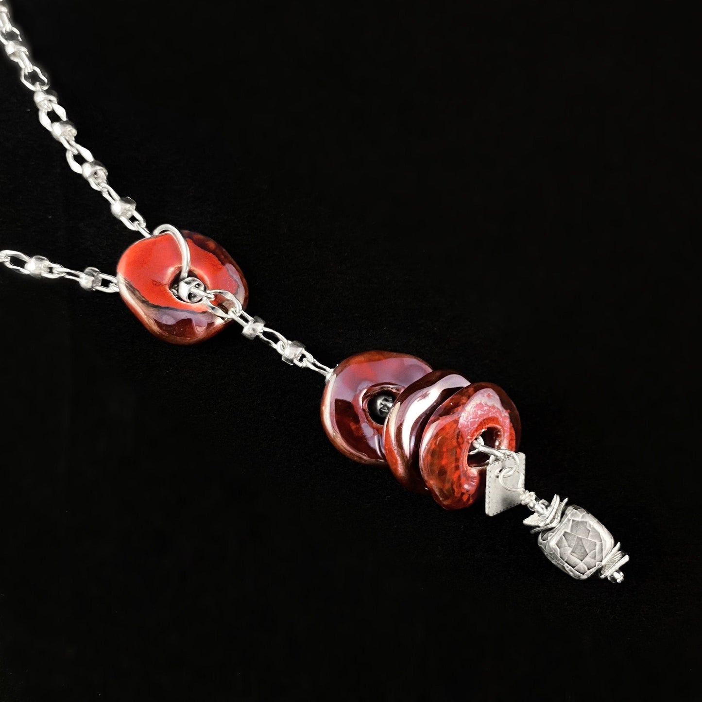 Red Ceramic Bead Lariat Chain Necklace, Nickel Free