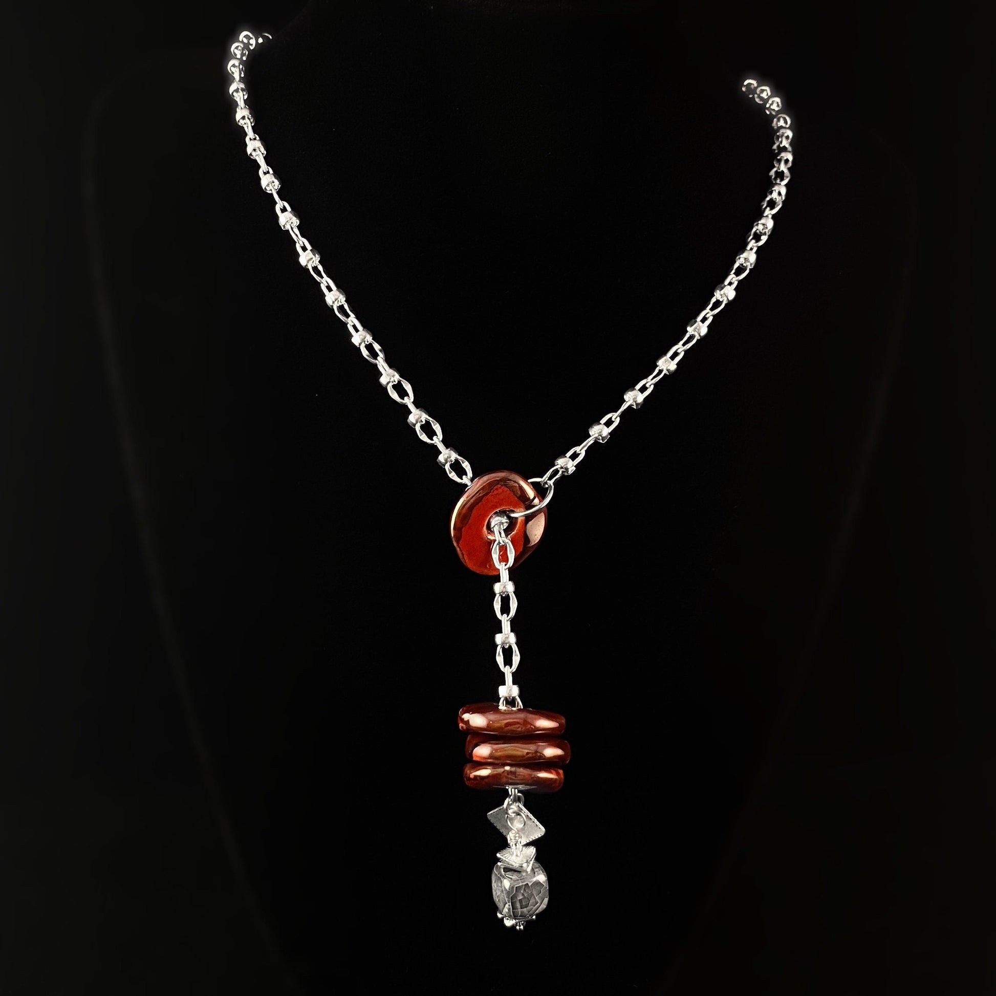 Red Ceramic Bead Lariat Chain Necklace, Nickel Free