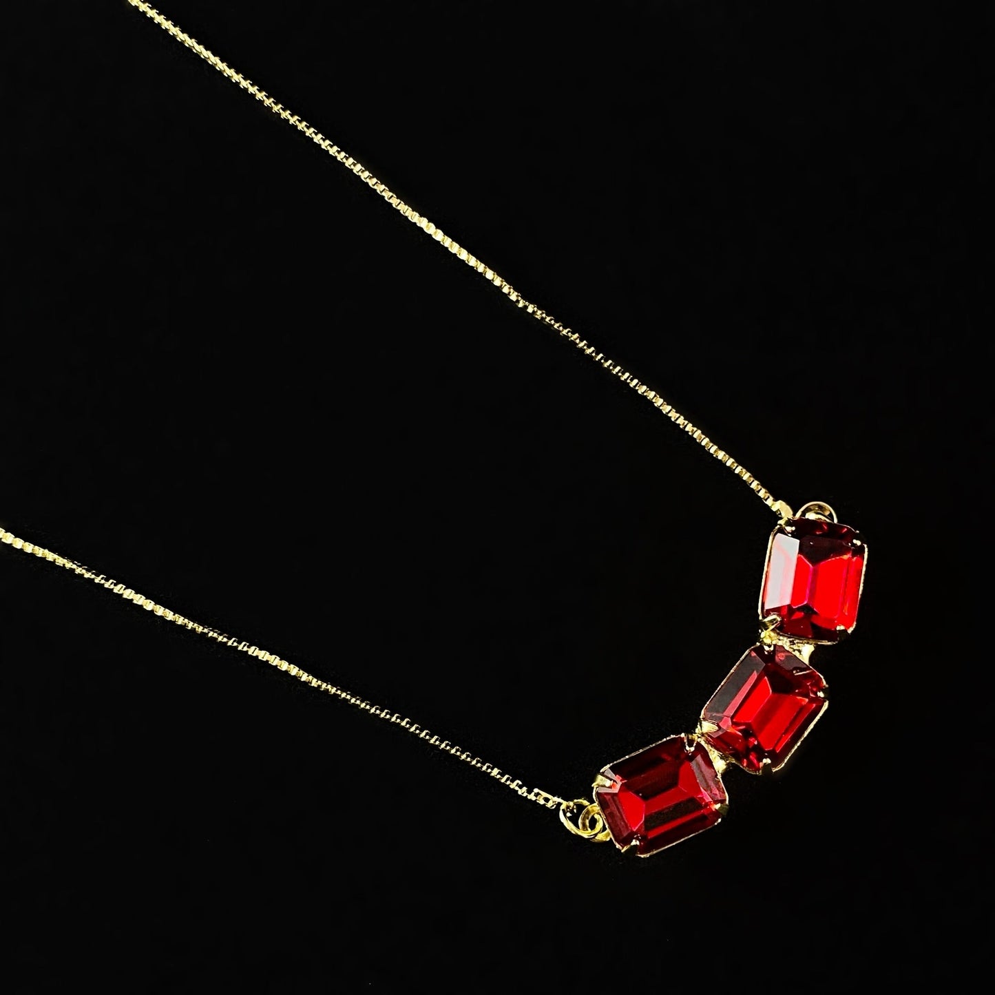 Red Emerald Cut Crystal Adjustable Gold Triple Tennis