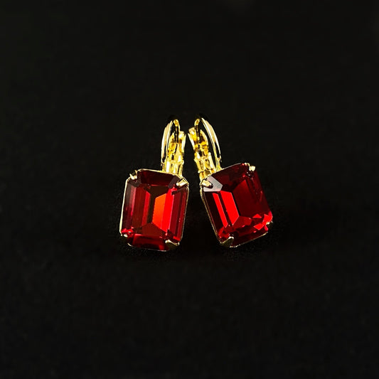 Red Colored Emerald Cut Crystal Earrings with Gold Finish