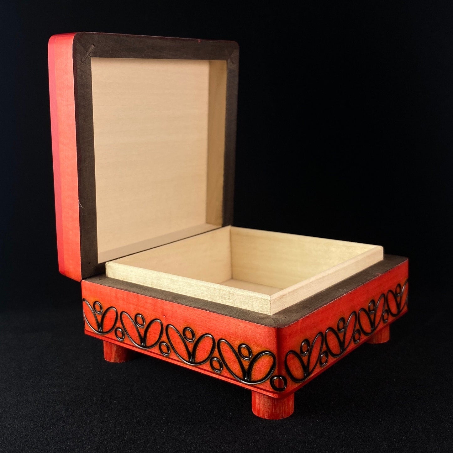 Red Flower Jewelry Box with Footed Base, Handmade Hinged Wooden Treasure Box