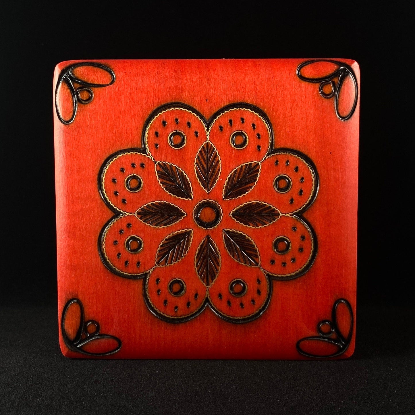 Red Flower Jewelry Box with Footed Base, Handmade Hinged Wooden Treasure Box