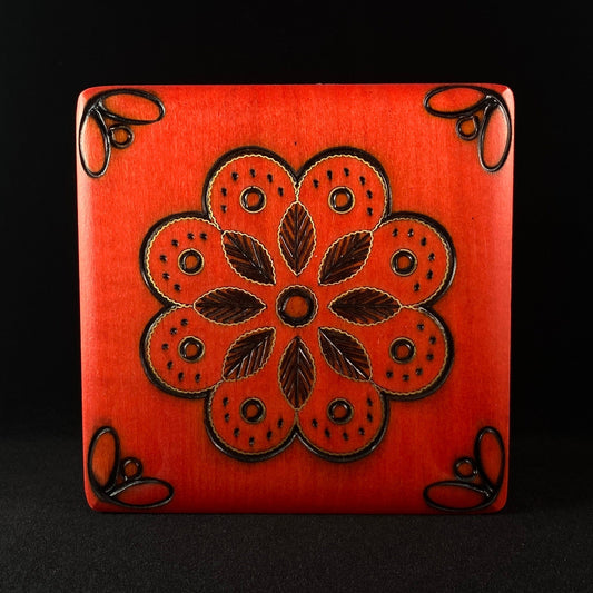 Red Flower Jewelry Box with Footed Base, Handmade Hinged Wooden Treasure Box