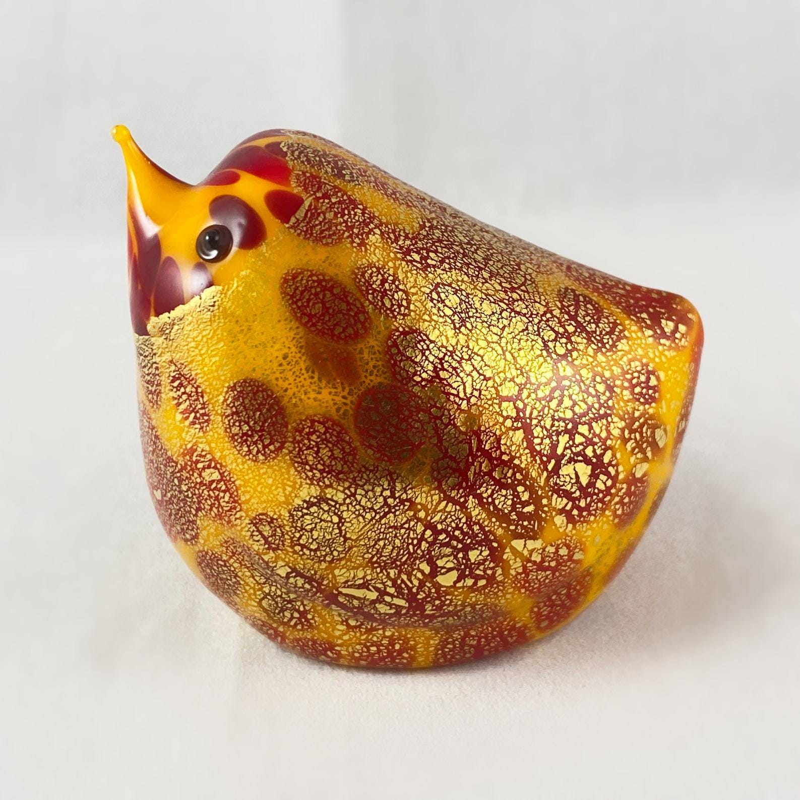Red/Orange and Gold Venetian Glass Chubby Bird - Handmade in Italy, Colorful Murano Glass