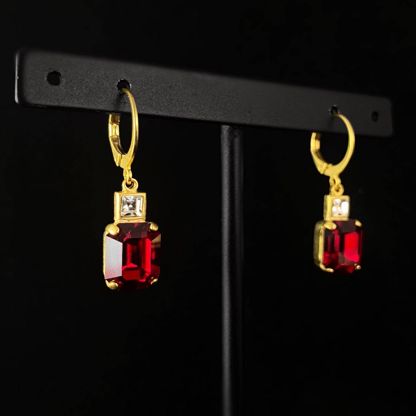 Red Rectangle Cut Swarovski Crystal Drop Earrings - La Vie Parisienne by Catherine Popesco