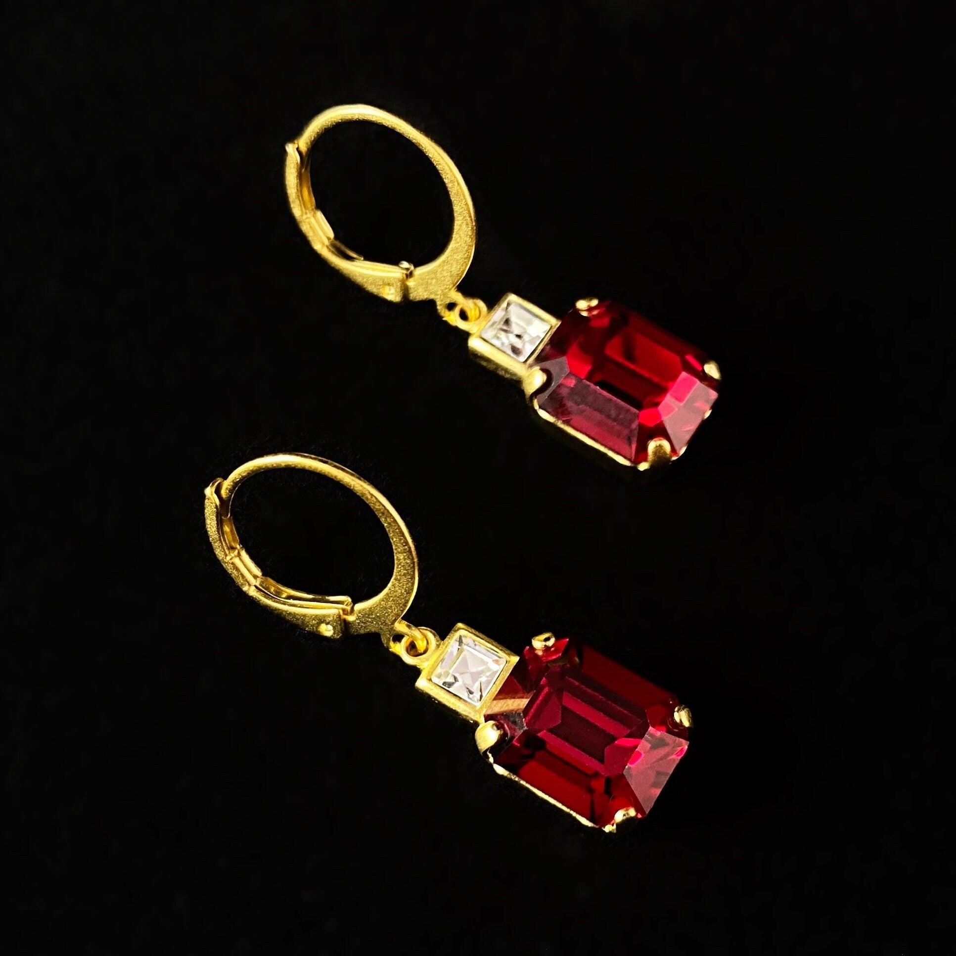 Red Rectangle Cut Swarovski Crystal Drop Earrings - La Vie Parisienne by Catherine Popesco