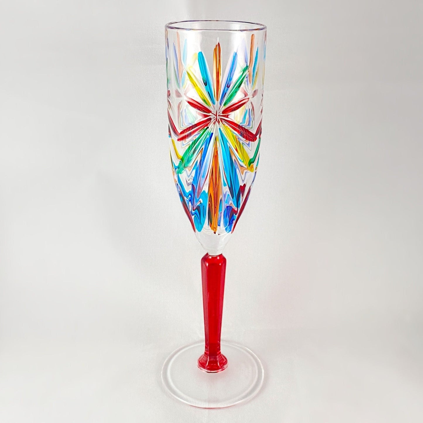 Red Stem Oasis Venetian Glass Champagne Flute - Handmade in Italy, Colorful Murano Glass