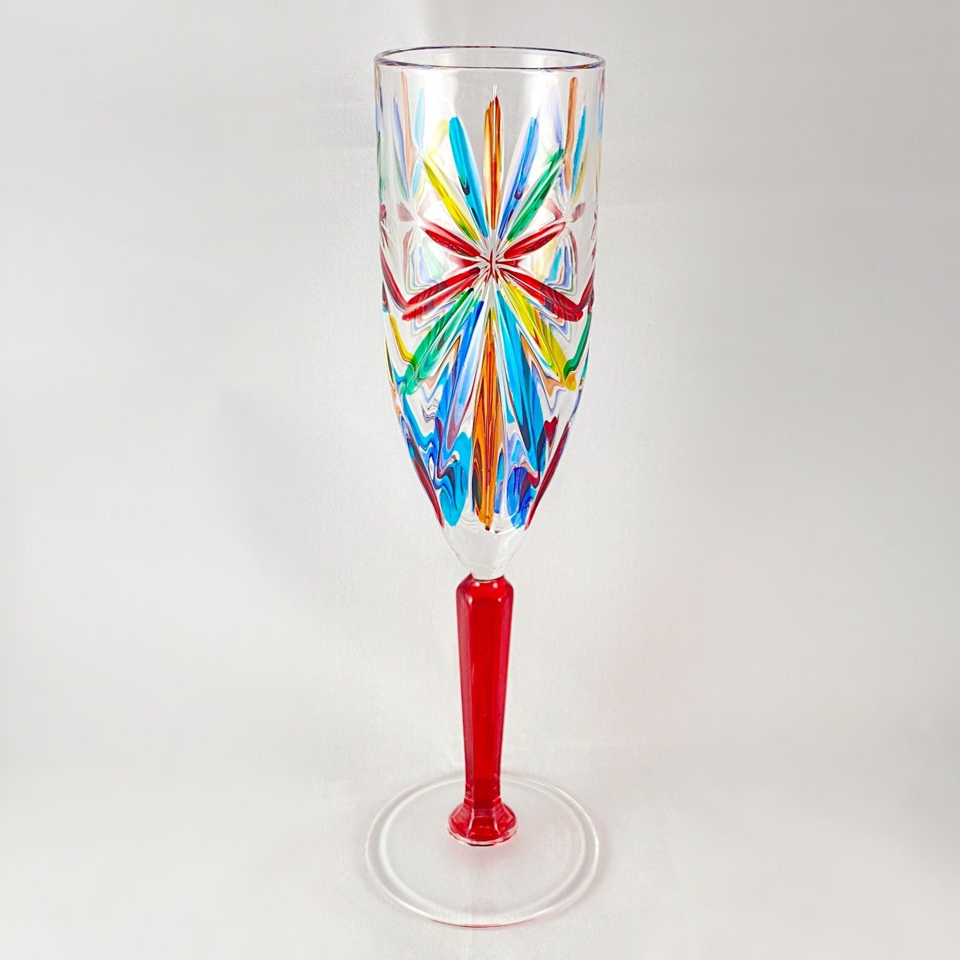 Red Stem Oasis Venetian Glass Champagne Flute - Handmade in Italy, Colorful Murano Glass