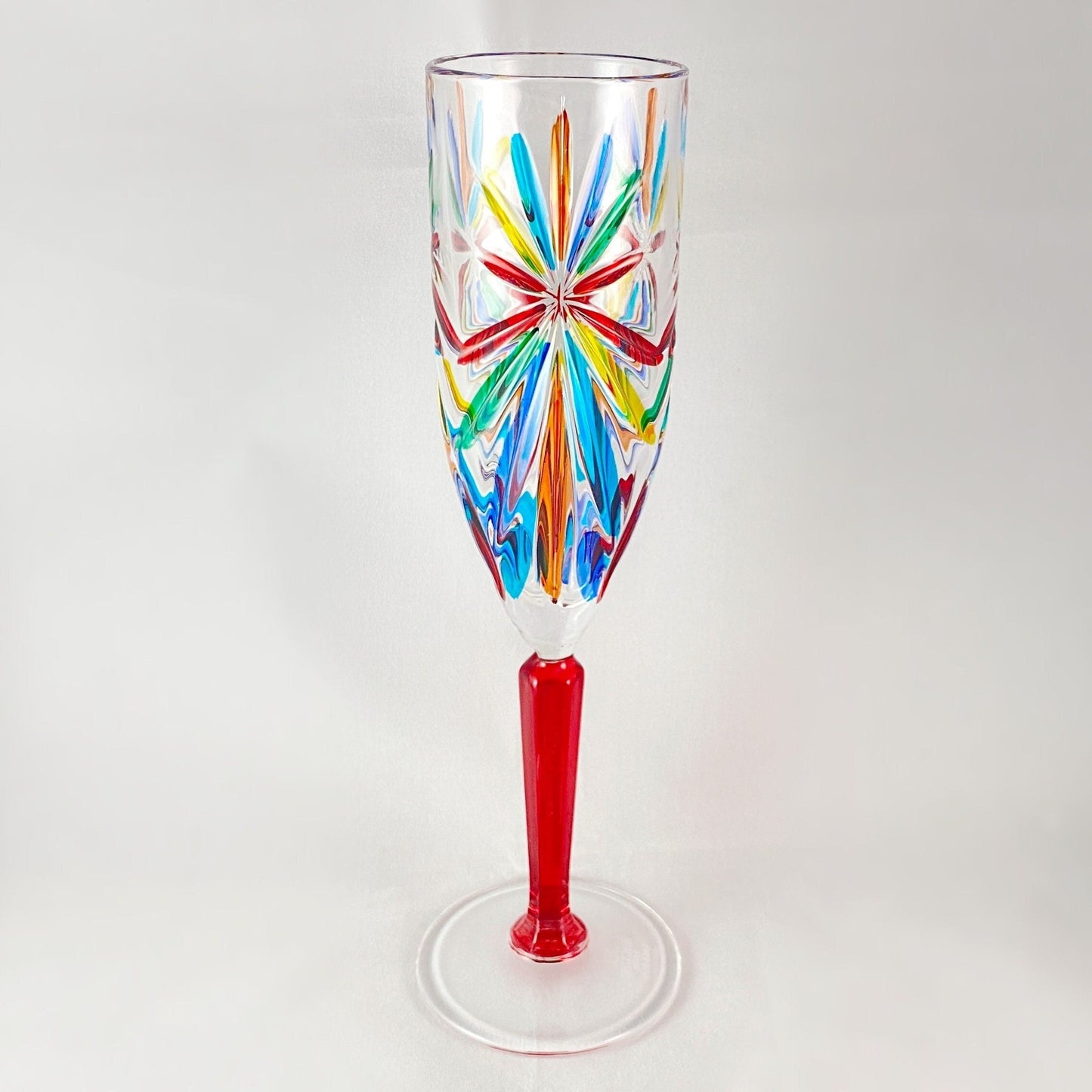 Red Stem Oasis Venetian Glass Champagne Flute - Handmade in Italy, Colorful Murano Glass