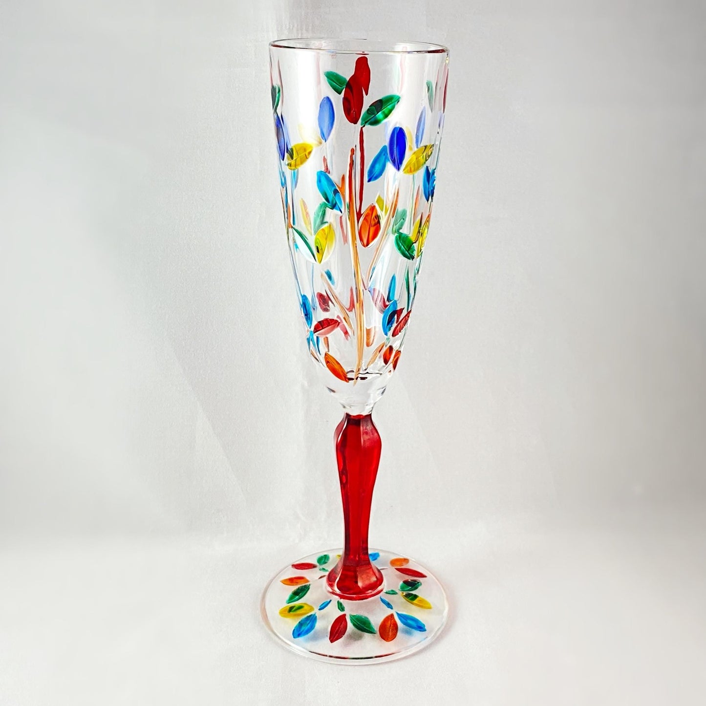 Red Stem Tree of Life Venetian Glass Champagne Flute - Handmade in Italy, Colorful Murano Glass