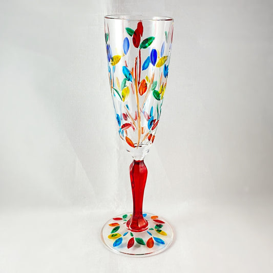 Red Stem Tree of Life Venetian Glass Champagne Flute - Handmade in Italy, Colorful Murano Glass