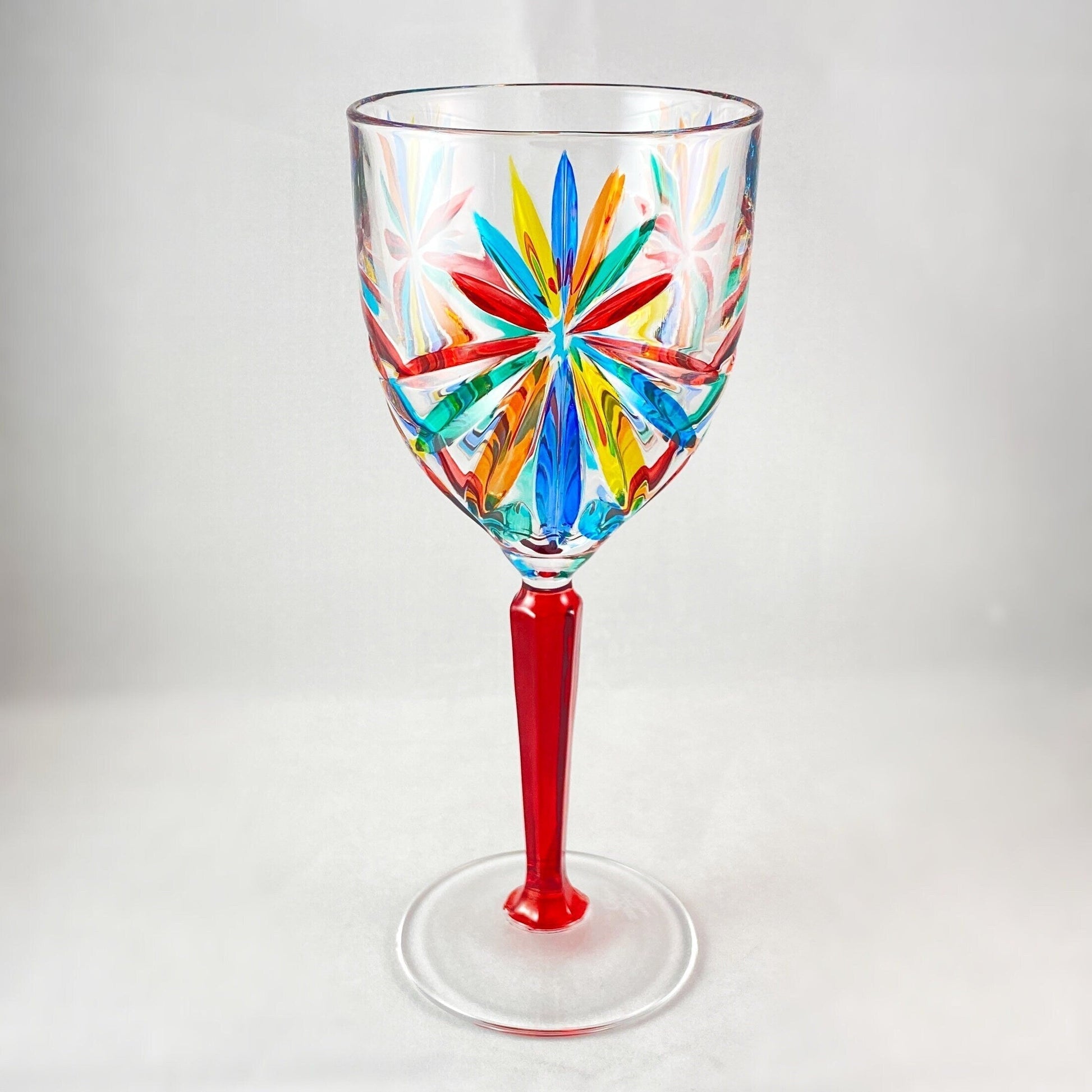 Red Stem Venetian Glass Oasis Wine Glass - Handmade in Italy, Colorful Murano Glass