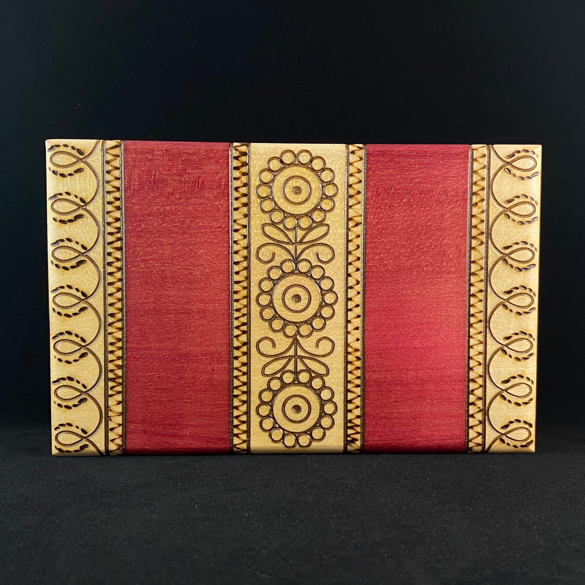 Red Striped Floral Jewelry Box, Handmade Hinged Wooden Treasure Box