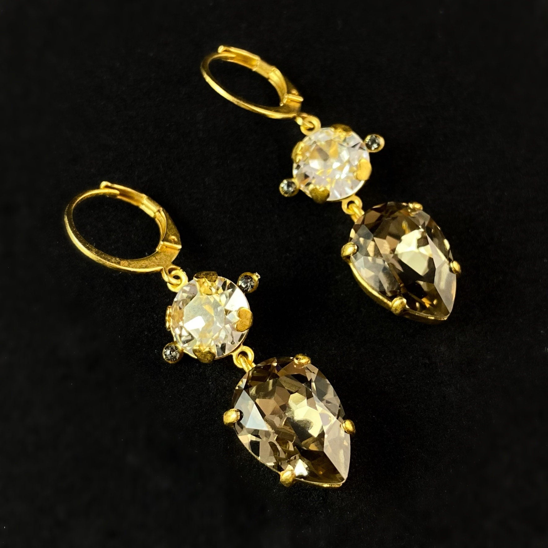 Double Swarovski Crystal Drop Earrings, Clear/Brown - La Vie Parisienne by Catherine Popesco