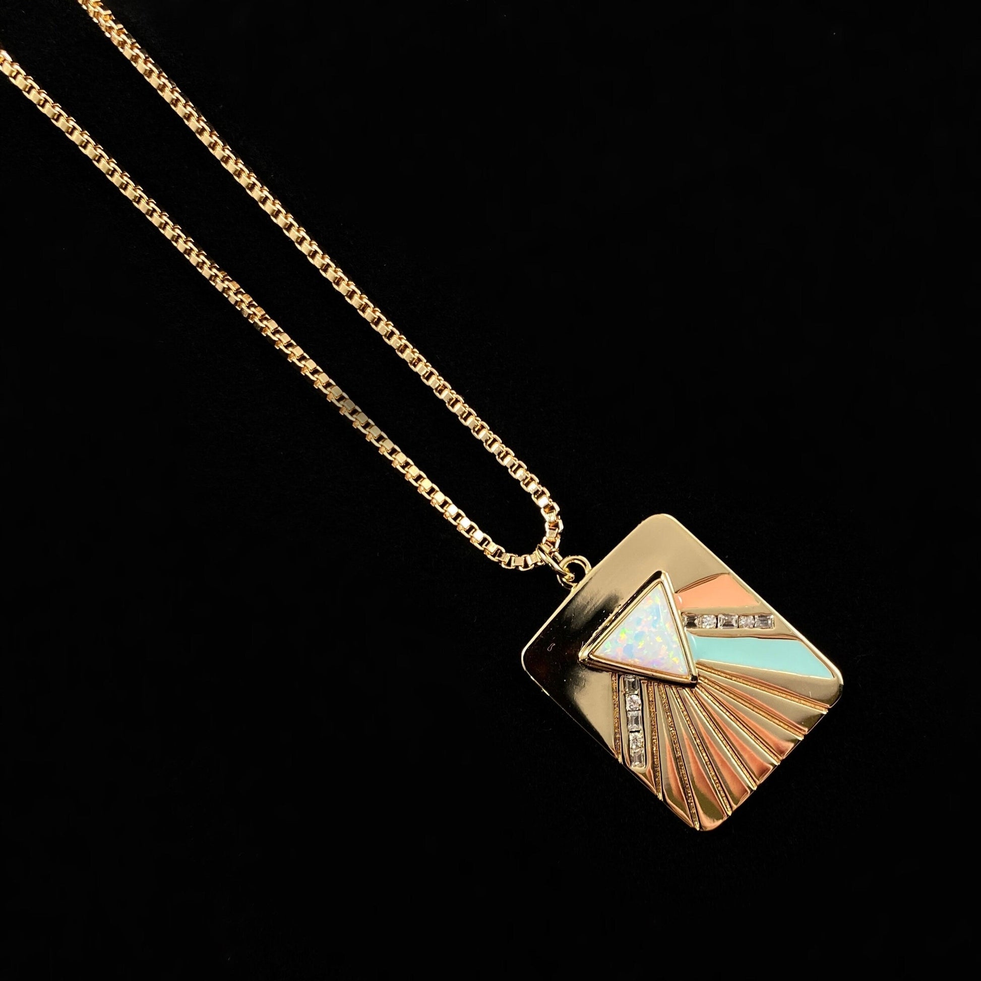 Retro Art Deco Pink Floyd-Inspired Necklace with mint, coral, and gold Pendant and White Opal Stone  - Bright Side