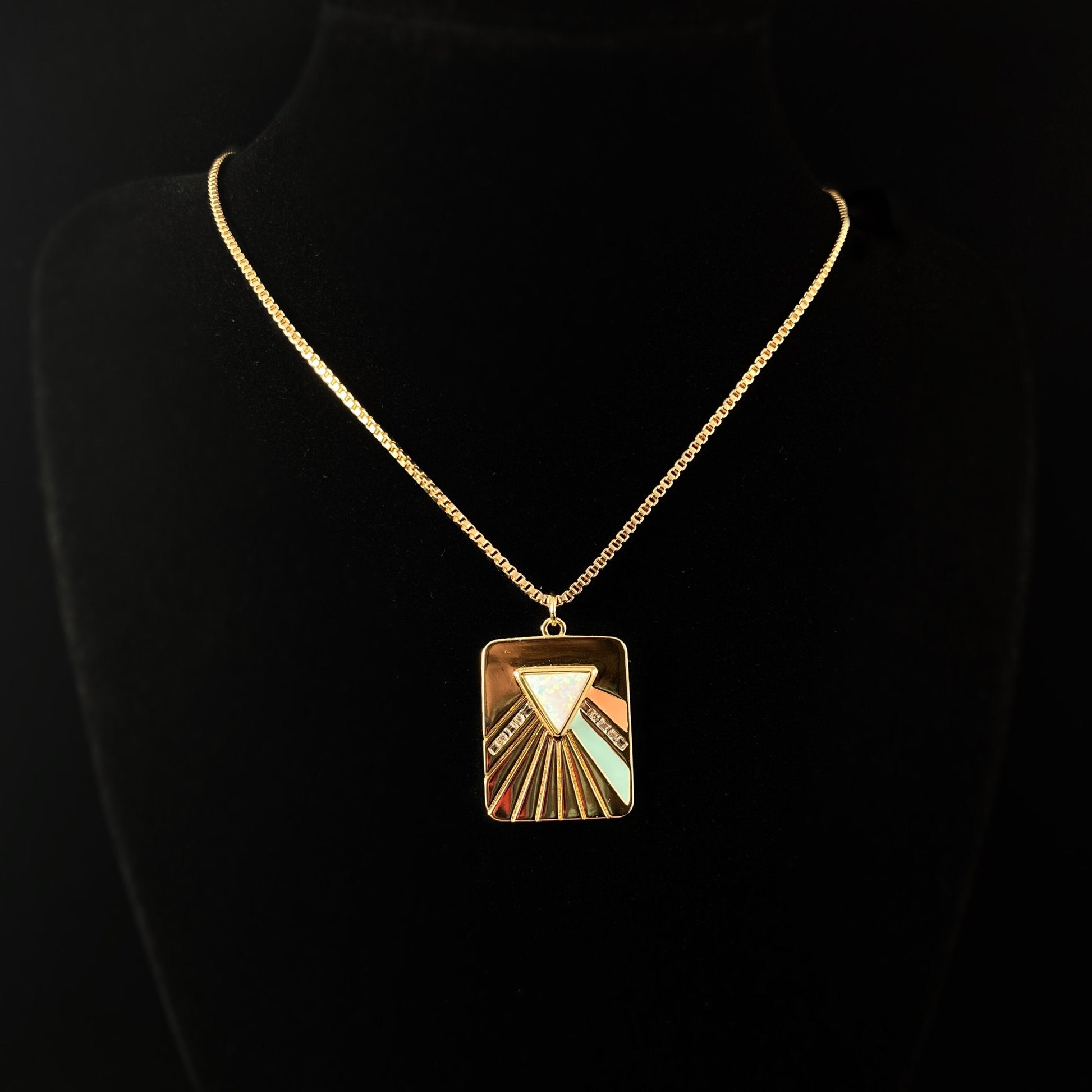 Retro Art Deco Pink Floyd-Inspired Necklace with mint, coral, and gold Pendant and White Opal Stone  - Bright Side